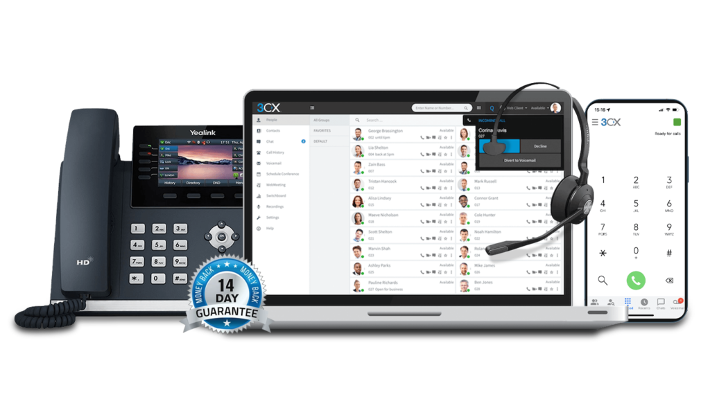 A side by side picture of Active8 Managed Technologies Telephone Systems Servce including a Phone System, Desktop App & Mobie app integrated with telephone systems